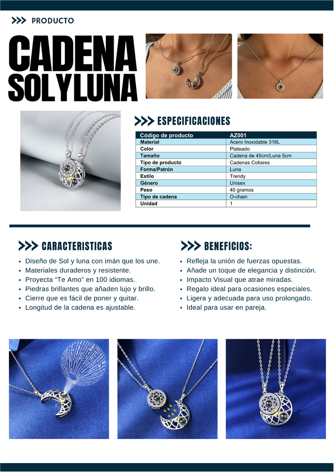 COLLAR PARA PAREJA SOL Y LUNA - AMOR 100 IDIOMAS